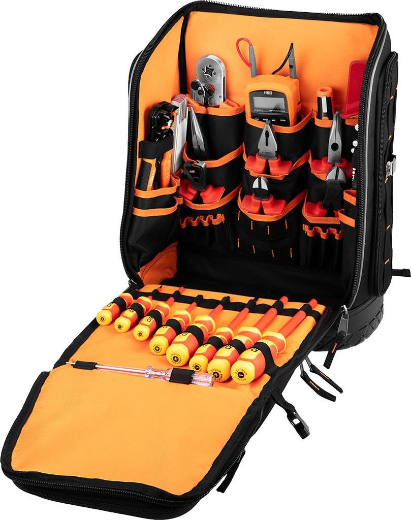 An open tool bag filled with various electrical tools, laid out on a white background.