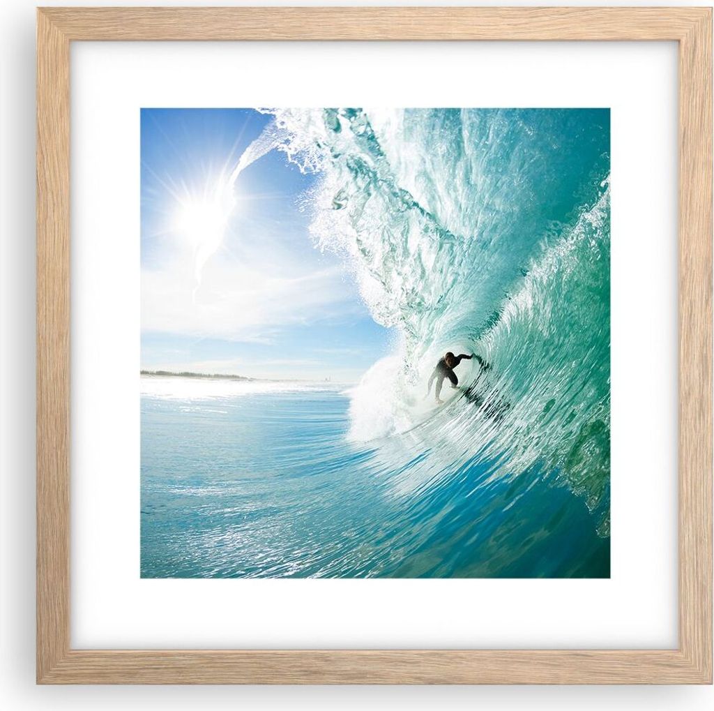 Gerahmtes Poster - Rahmen in heller Eiche - Abenteuer surfer welle ozean - 30x30 cm - Wand Bild - Wanddeko - Wandbilder - Wandposter - Bilderrahmen...
