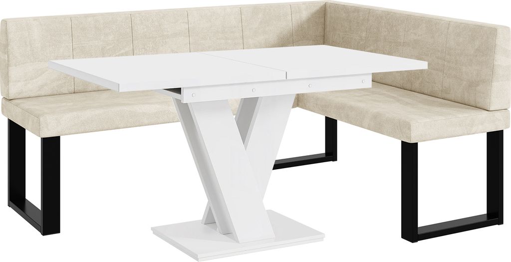 MEBLINI Eckbank für Esszimmer mit ausziehbarem Tisch - Küchenbank - Essecke - Sitzecke Küche - PETER - U-Beine 128x168x87cm Rechts - Creme Samt/...