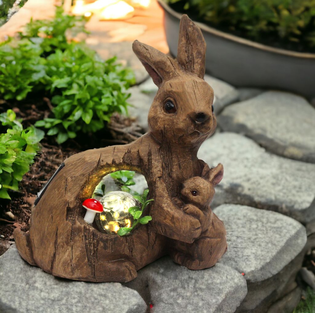 Solar Gartenfigur Hase mit Glaskugel Hasenfamilie Tierfigur Gartendekoration Solarlampe Solarleuchte