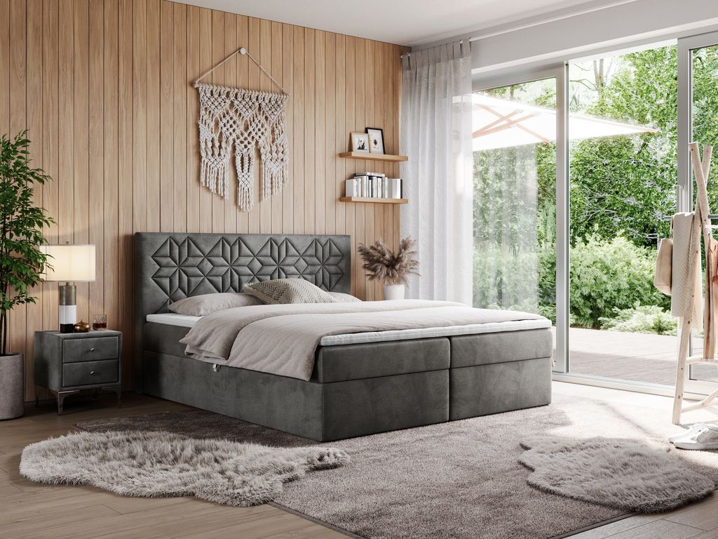 MKS MEBLE Boxspringbett 180x200 mit Matratze H3 und Bettkasten, Doppelbett Bett mit Stauraum und Topper, Polsterbett 180x200 mit Kopfteil - Leila -...