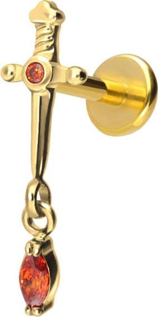 Ohrpiercing, Nasenpiercing Titan Labret mit Push Fit DOLCH + KRISTALLTROPFEN Gold Stablänge: 7mm | Stabstärke: 1mm