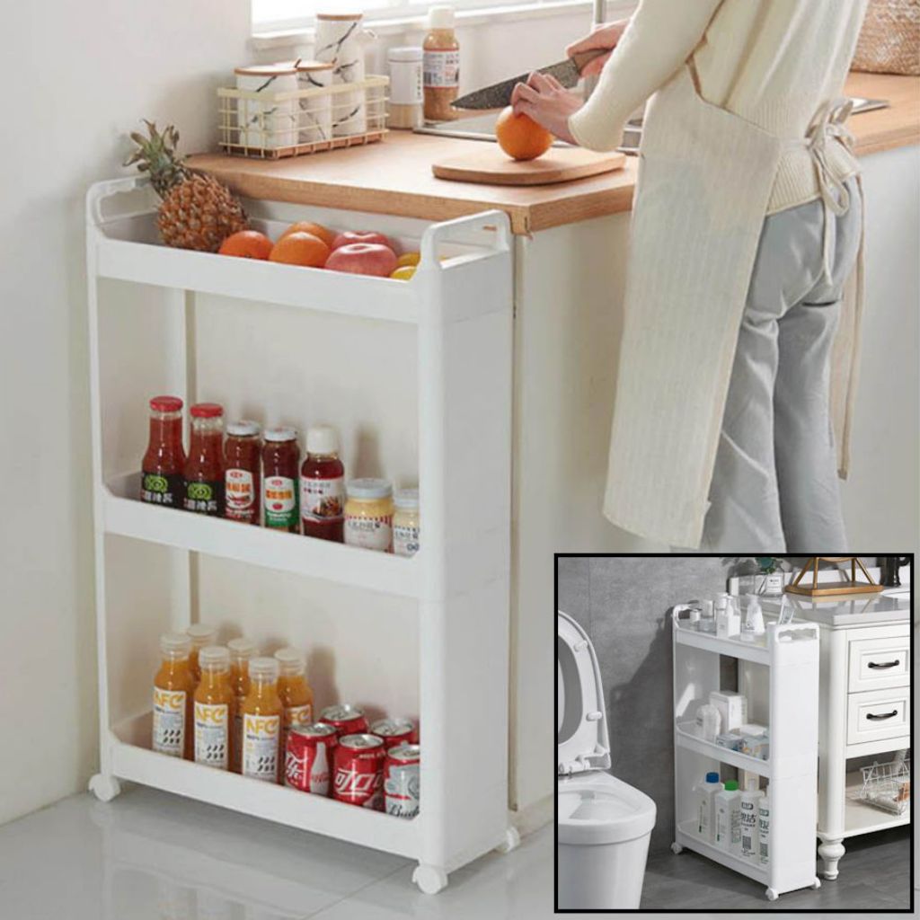 A person is preparing food in a kitchen, with a narrow storage shelf filled with food items next to them. An inset image shows the same shelf placed next to a toilet.