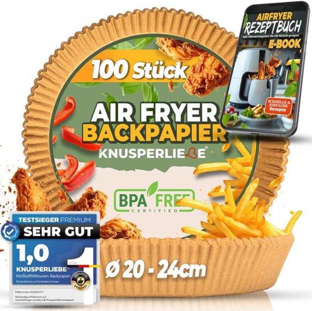 Airfryer XXL-Bakpapier 20-24 cm, 5-8 L, oliebestendig, antiaanbak, wegwerpbaar, voedselveilig, BPA-vrij.