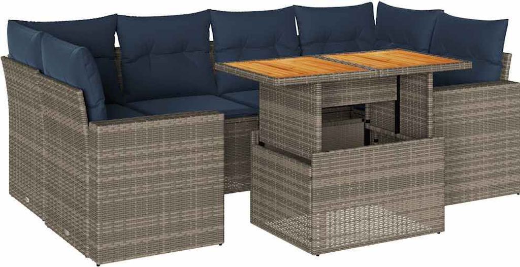 7-tlg. Garten-Sofagarnitur mit Kissen Grau Poly Rattan