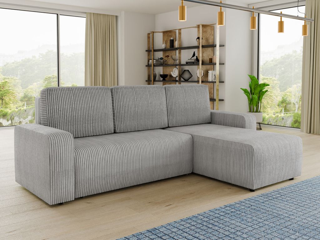 Ecksofa Roma L mit Schlaffunktion und Bettkasten - Cord Stoff - L-Form Couch, Polstersofa, Schlafsofa, Sofagarnitur (Grau (Poso 110))