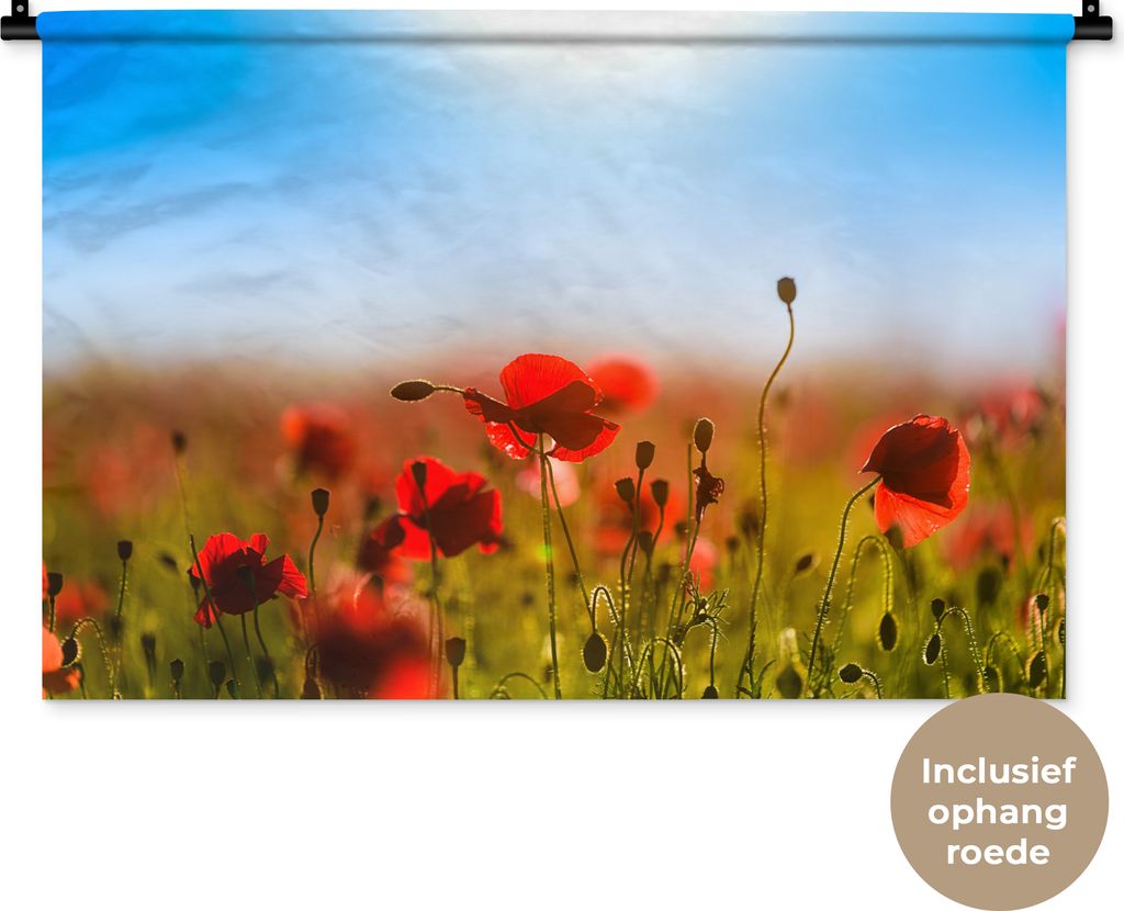MuchoWow Wandteppich Wandbehang Mohnblumen unter einem klaren blauen Himmel. 90x60 cm Tapisserie Dekoration Wandtuch - Wandskulpturen - Bildteppich