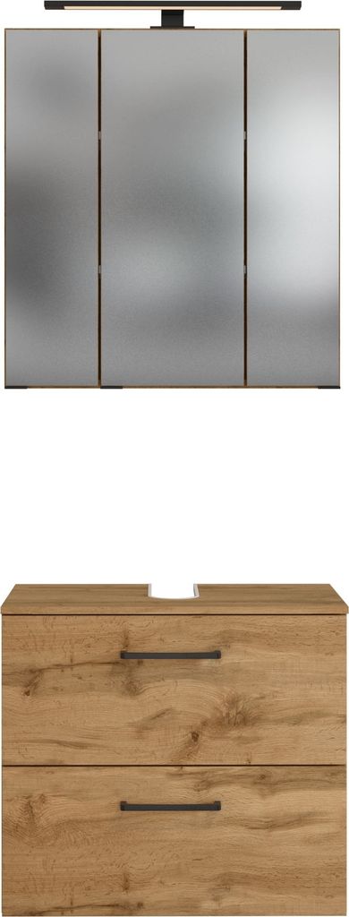 Waschtisch-Set "Manchester" aus MDF in wotaneiche mit 4 Türen und 6 Einlegeböden. Abmessungen (B/H/T) 60x200x35 cm