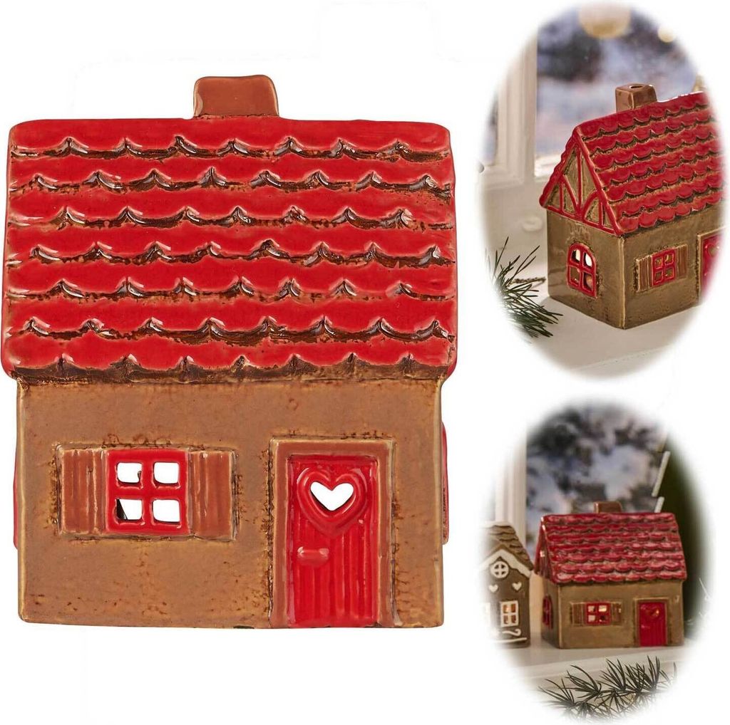 LS-LebenStil Teelichthaus Lichterhaus Nyhavn 14cm Braun Rot Keramik Fachwerkhaus Teelichthalter Windlicht Kerzenständer Wohnzimmer, Fensterbank