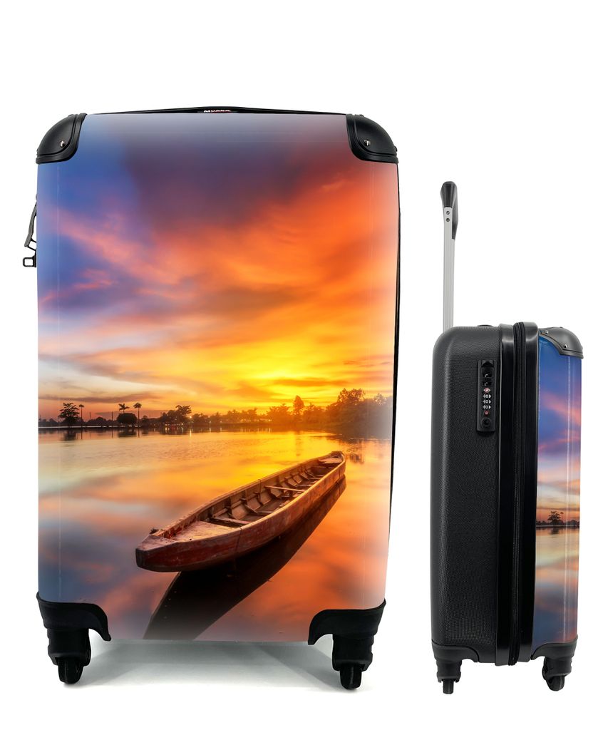 MuchoWow Koffer Handgepäck Trolley Rollkoffer Kleine Reisekoffer mit 4 Rollen - Boot - Wasser - Sonnenuntergang - Orange - Wasser - Cabin Size <...