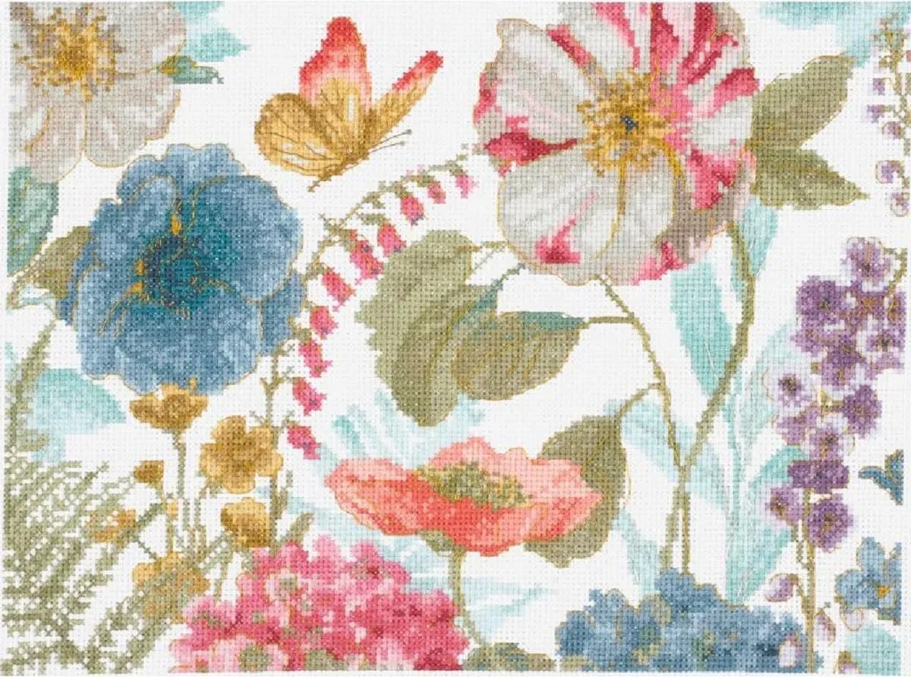 Broderie point de croix DMC décoration murale fleurs et nature 29x20