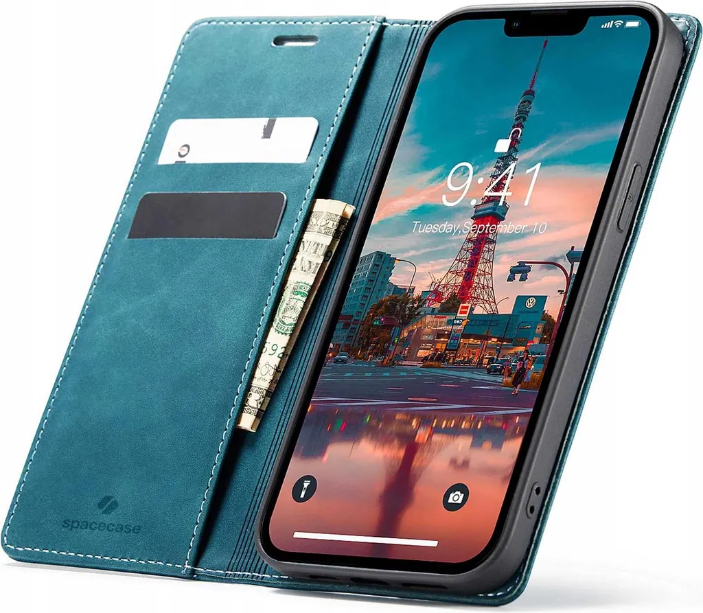 Custodia iPhone 14 Plus Blu - SPACECASE Flip Wallet Case con Stand