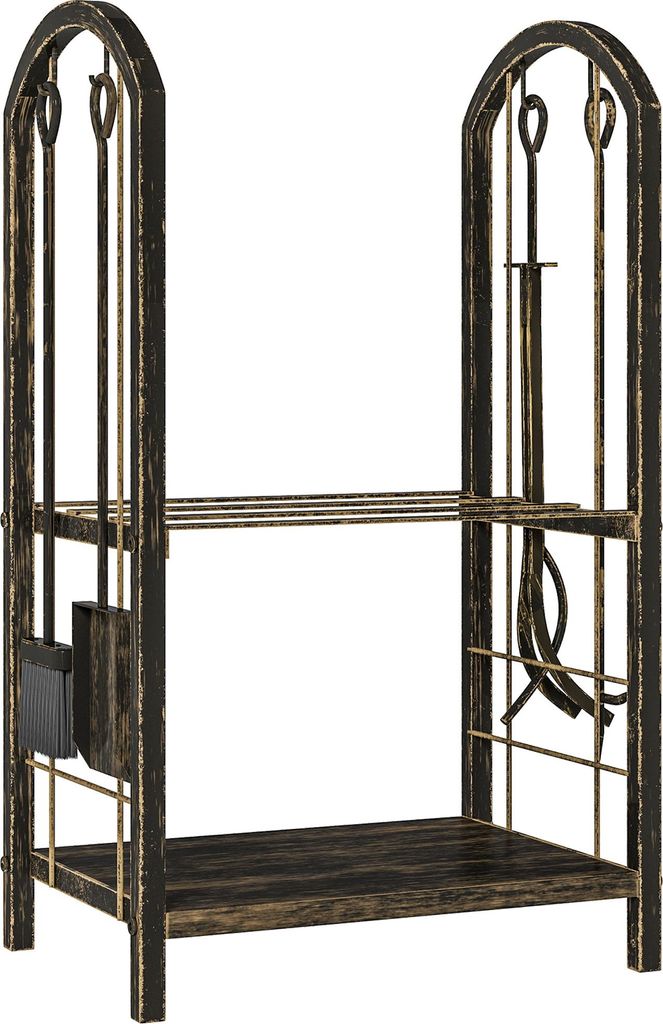 Kaminholzregal für innen 43 x 30 x 74cm 2 Ebenen Brennholzregal mit 4 Kaminwerkzeug, Haken