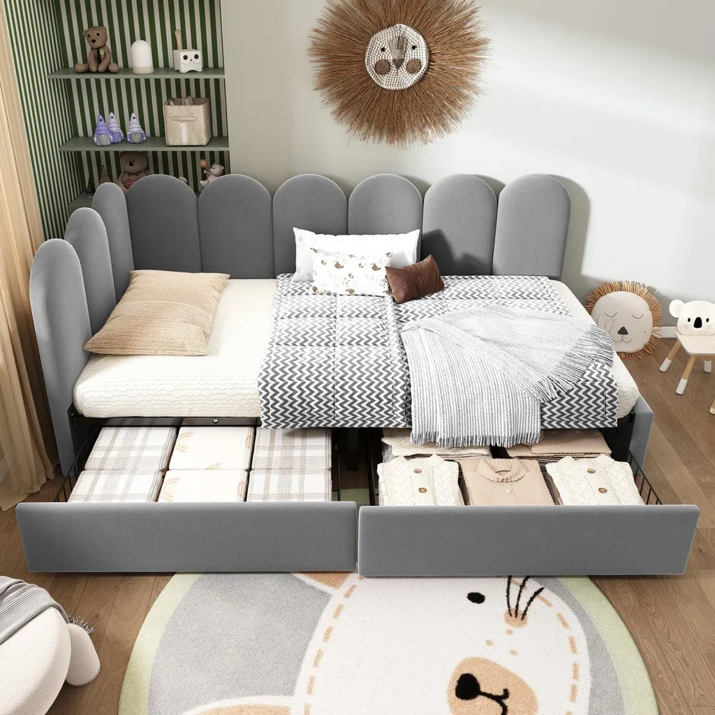 Lit simple 90x200 cm gris gain de place avec tiroirs pour chambre - 6