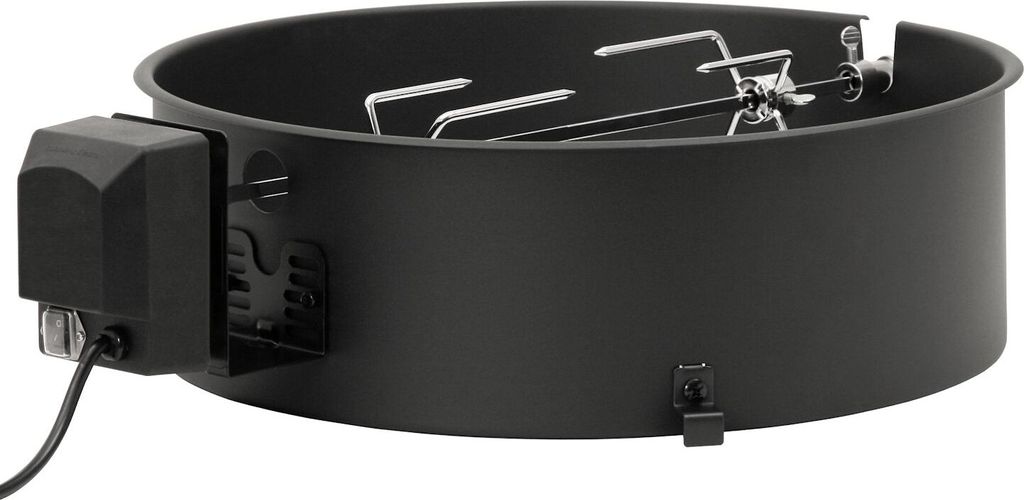 A black rotisserie spit assembly with a motor attached, shown from a side angle against a white background.