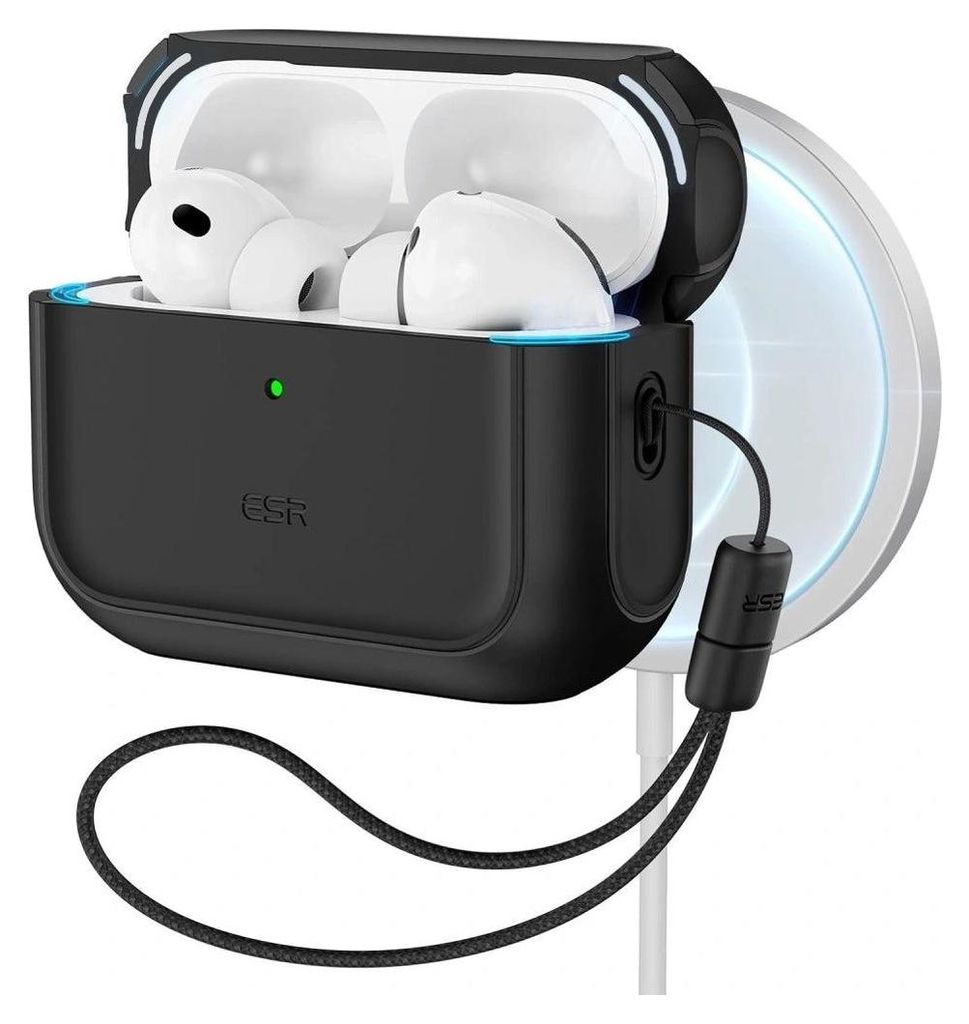 A black protective case for Apple AirPods Pro 3, shown with the earbuds inside and the case open. A magnetic charging pad is visible in the background.