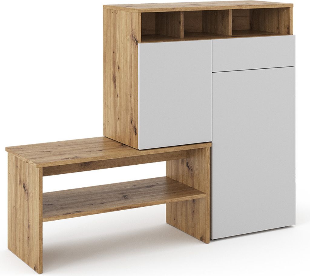 A product shot of a shoe cabinet with a bench.
