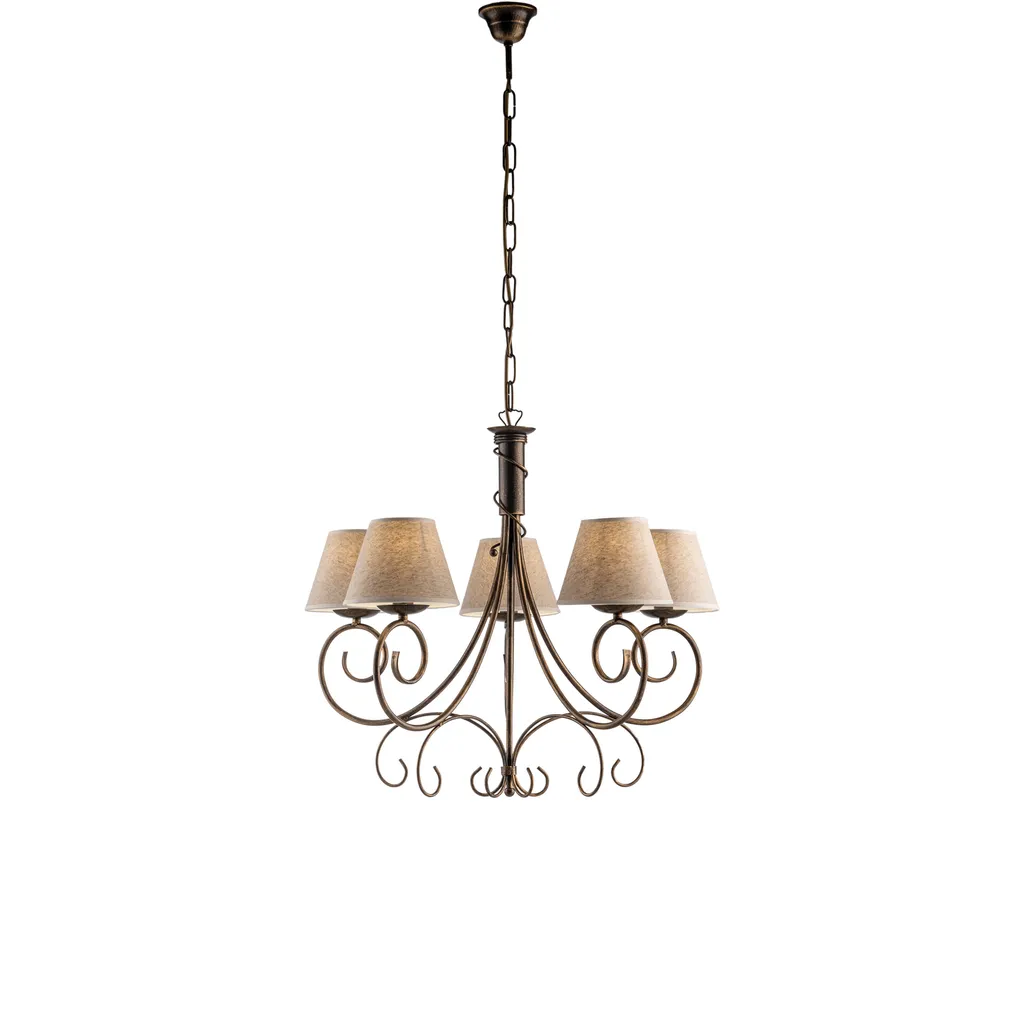 Lustre 5 lumières style rétro marron et jute naturelle diamètre 60 cm