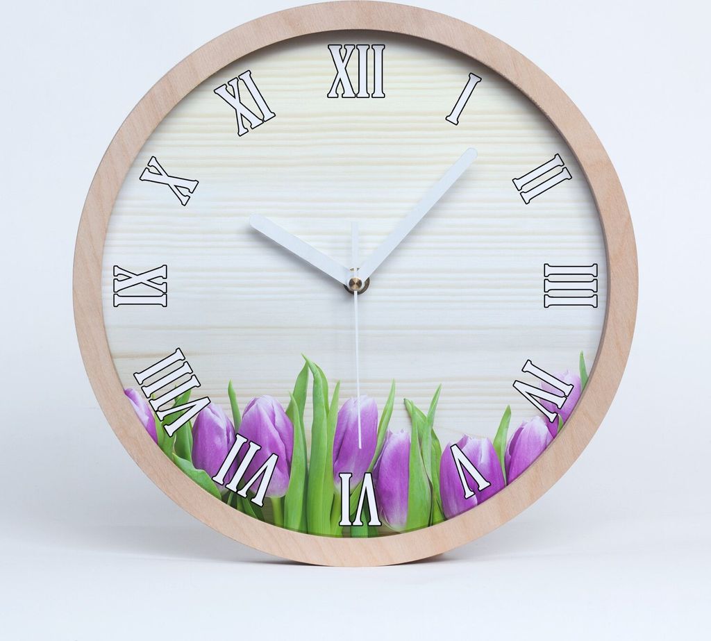Holzuhr 30fi cm wanduhr - weiße Spitzen - lila Tulpen