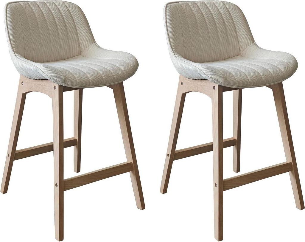 Two beige bar stools with wooden legs are shown against a white background.