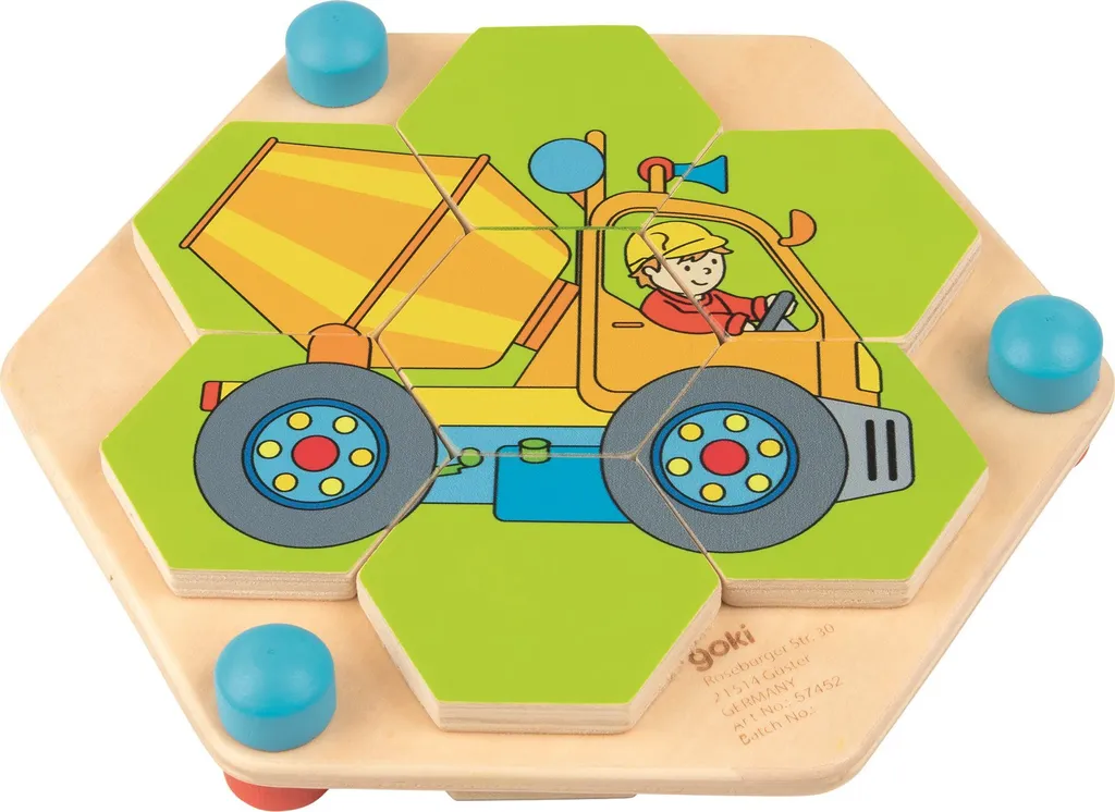Puzzle hexagonal GOKI en bois robuste avec motifs engins de chantier