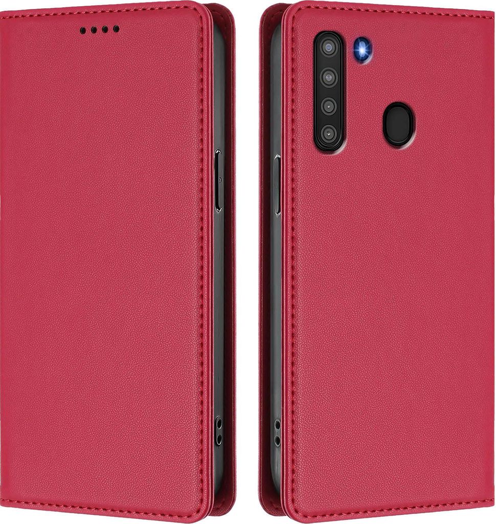 Handyhülle für Samsung Galaxy A21, Kunstleder Klapphülle Stoßfeste Magnetische Hülle mit Ständer Rot