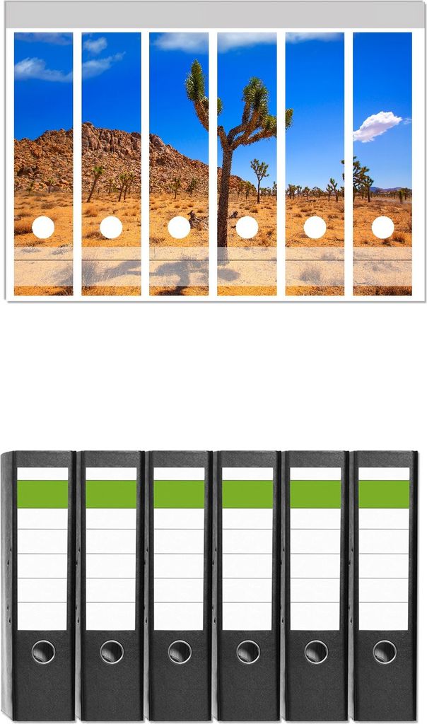 Wallario 6 Stück breite Ordner inkl. Klebeetiketten mit Motive Palmlilie im Nationalpark Yucca Valley Wüstenlandschaft - Set mit Rückenschildern...