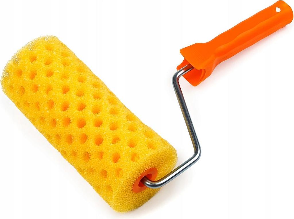 A yellow sponge paint roller with an orange handle, isolated on a white background.