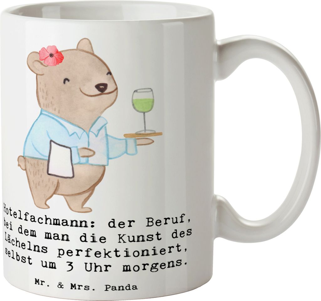 Mr. & Mrs. Panda Kaffeebecher Hotelfachmann Lächeln - Weiß - Geschenk, personalisierte Geschenke, Keramiktasse, Berufsalltag, für Berufstätige,...