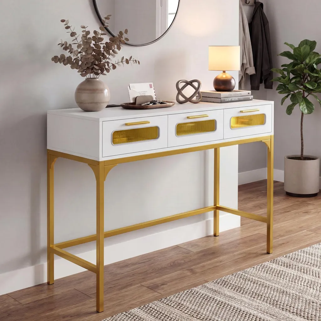 Table console COSTWAY blanche et dorée avec éclairage LED et 3 tiroirs