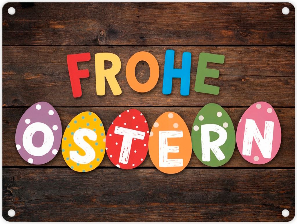 Frohe Ostern Metallschild in 15x20 cm mit bunten Eiern