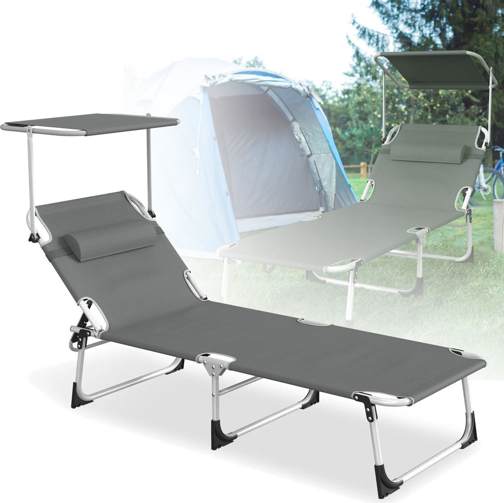 XMTECH Sonnenliege mit Dach, Liegestuhl Garten, Gartenliege klappbar, mit Kopfkissen & Tragegriffe & Seitentasche, bis zu 100 kg belastbar, 194X68c...