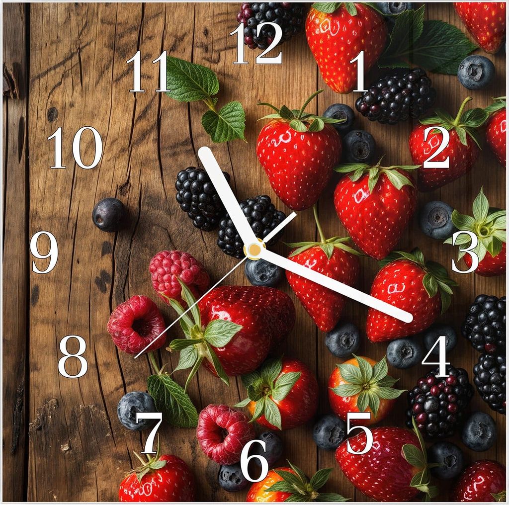 Wanduhr aus Glas mit Motiv Frische Beeren Exquisit- 30 x 30 cm - inkl. Aufhängesystem