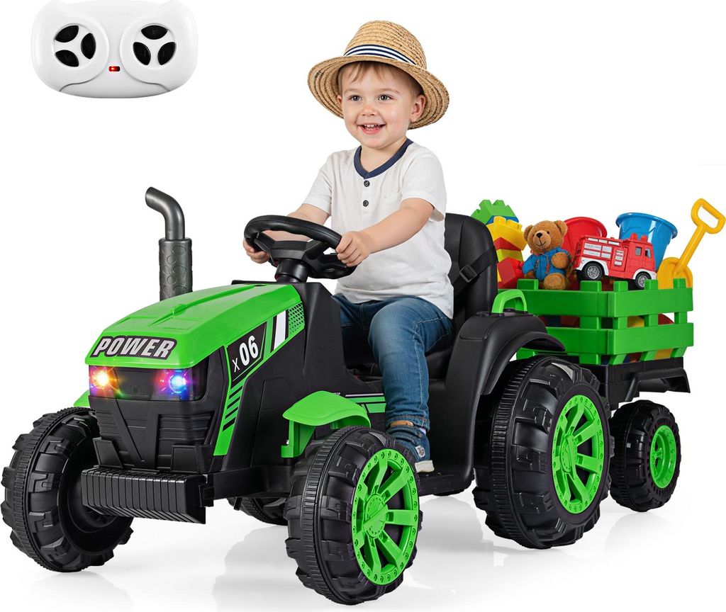 GOPLUS 24V Kinder Elektrischer Traktor mit Anhänger, Elektrofahrzeug mit LED-Licht & Musik & Bluetooth, Elektro Traktor für Kinder ab 3 Jahre, Grün