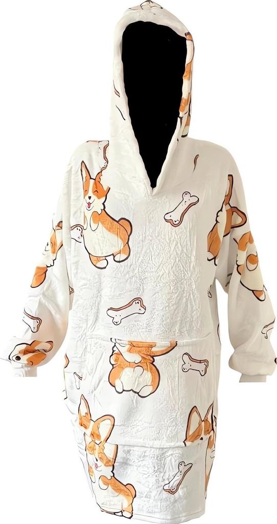 A white hooded blanket with a corgi and bone pattern.