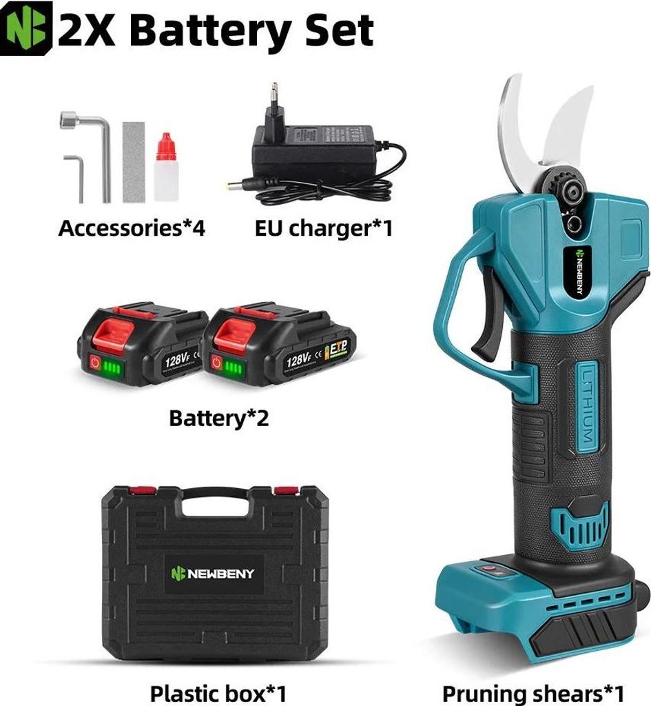 Elektrische Gartenschere - Akku-Astschere - Zwei Gänge - SK5 Hochkohlenstoffstahlklinge - Schneidet bis 3 cm - Zwei 18 V Akkus enthalten - Blau