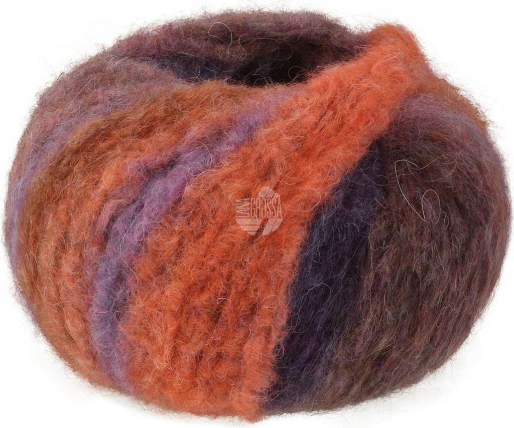 Lana Grossa GIGANTE MULTI 50 g Voluminöses Alpakagarn mit Effektstruktur im farbenfrohen Ringelmix 150 m Farbe 102 - Graubraun/Petrolblau/Madarin/...