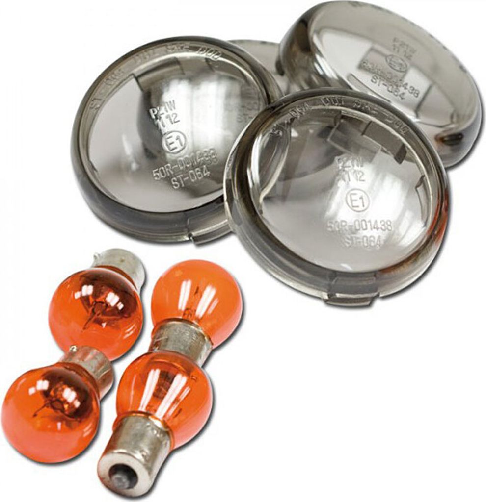 Blinkergläser Bullet Style HARLEY 00- VRSCA/VRSCB, Set 4 Gläser getönt / 4 Glühlampen gelb, E-