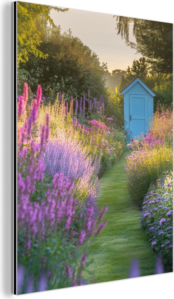 MuchoWow Wanddekoration Metall Metallbild Wandkunst 30x40 cm Gartenhaus - Blau - Blumen MuchoWow Aluminium Gemälde - Bilder