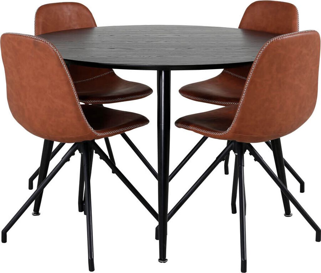 DippØ115BLBL Essgruppe Esstisch schwarz und 4 Polar Esszimmerstühle PolyurethanKunstleder braun.