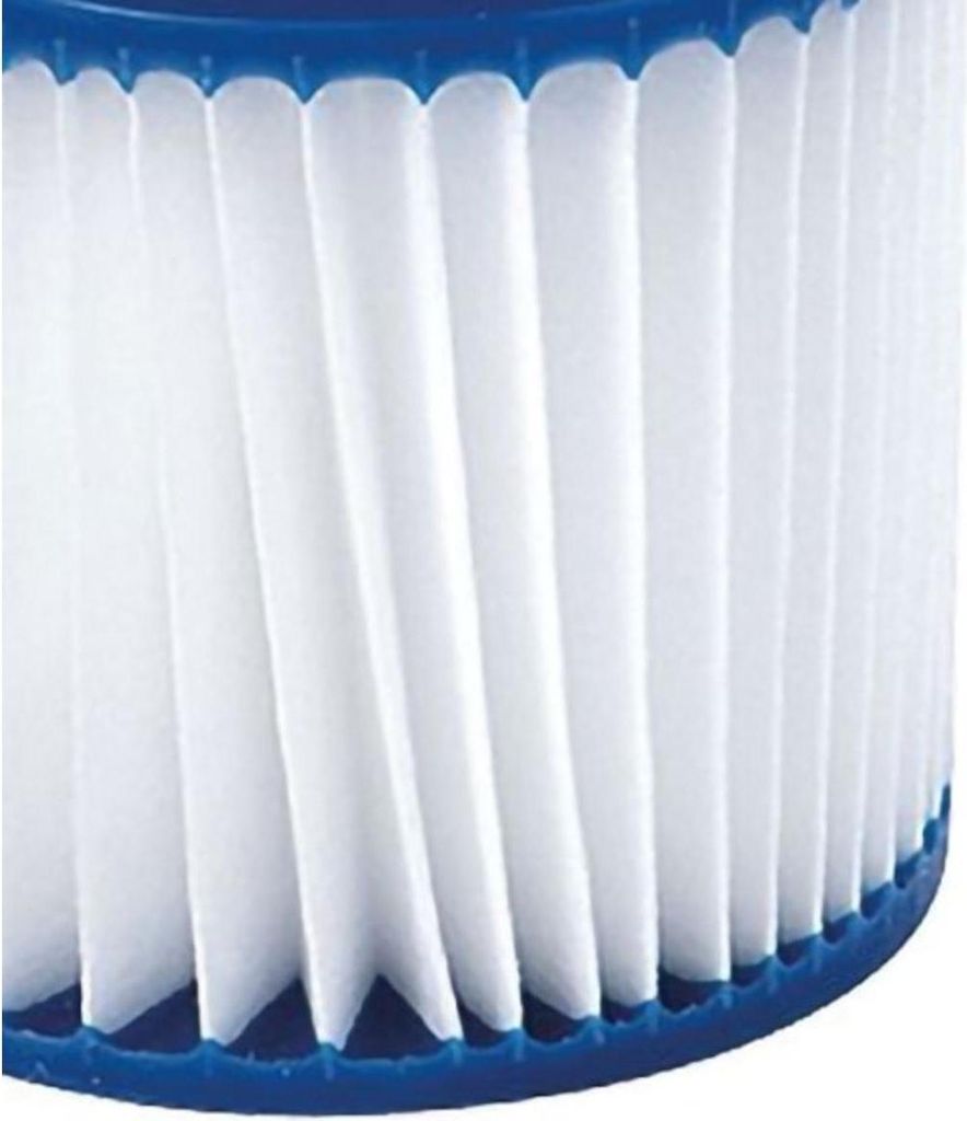 A close-up view of a pleated pool filter cartridge with blue end caps.