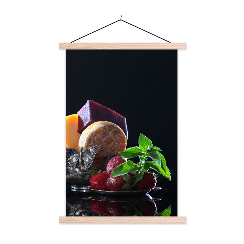 MuchoWow Textilposter Rustikal - Obst - Käse - Tisch - Stilleben 60x90 cm mit holzfarbenen Rahmen - Textil