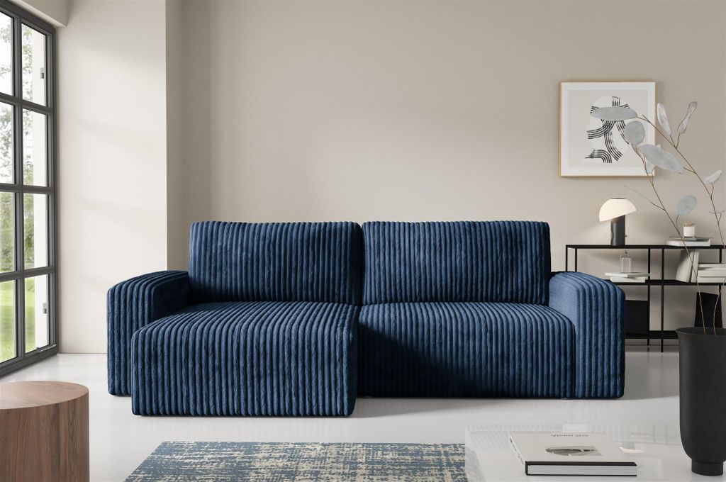 Ecksofa mit Schlaffunktion NATALIA in Stoff Tilia Dunkelblau Ottomane Links