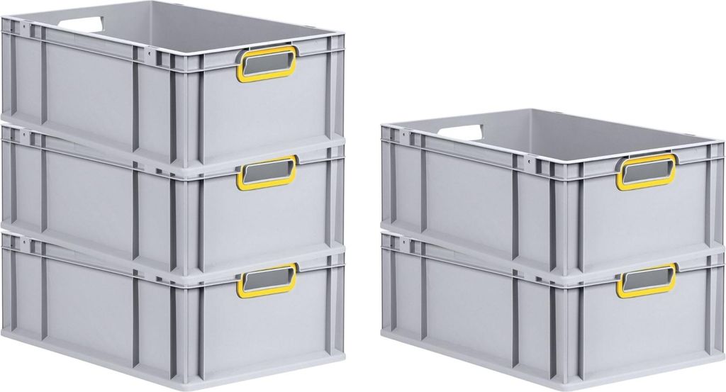 SuperSparSet 5x Eurobox NextGen Color | HxBxT 22x40x60cm | 44 Liter | Griffe gelb offen | Verstärkter Boden | Eurobehälter, Transportbox, Transpo...