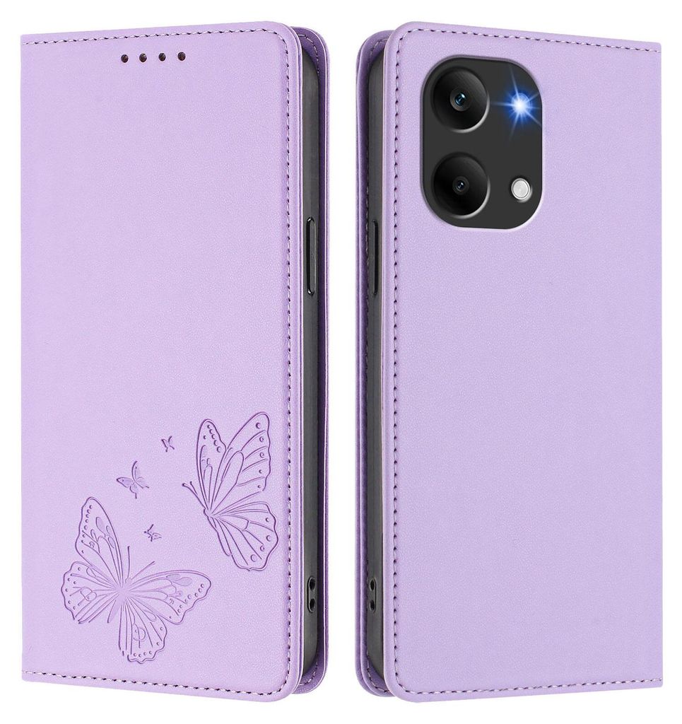 Lederhülle für Xiaomi Poco X8 Pro Max/Redmi Turbo 5 Max, Schmetterling Prägung Leder Brieftasche Schutzhülle mit Ständer Violett