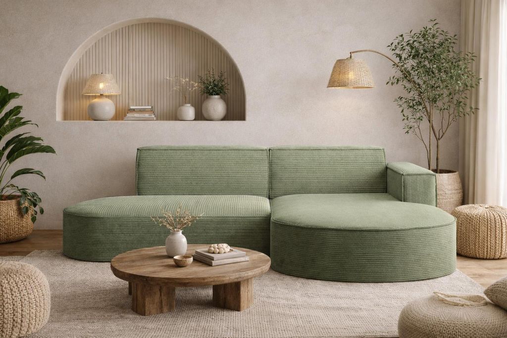 A modern living room with a green corduroy sectional sofa, a round wooden coffee table, and decorative elements.