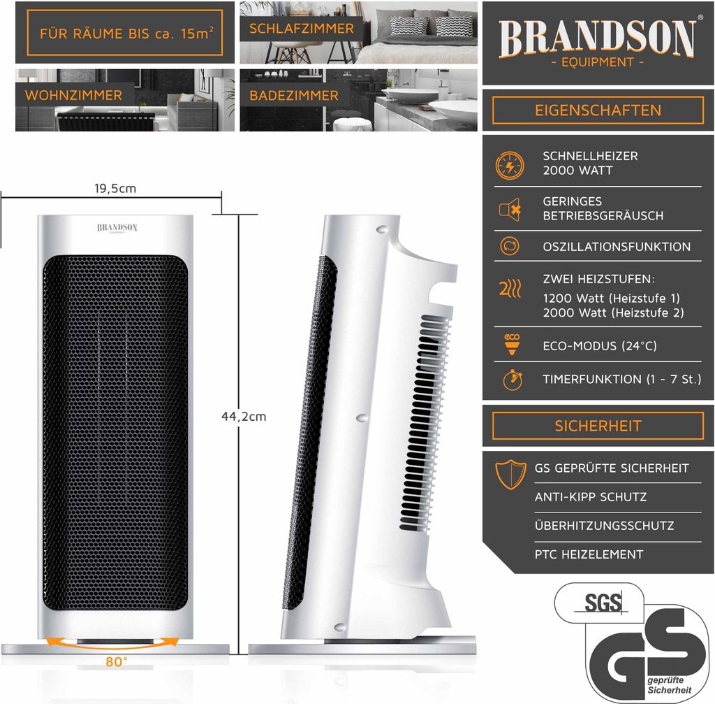 Brandson 2000W Keramik Heizlüfter mit Fernbedienung, 80° Produktbild 3