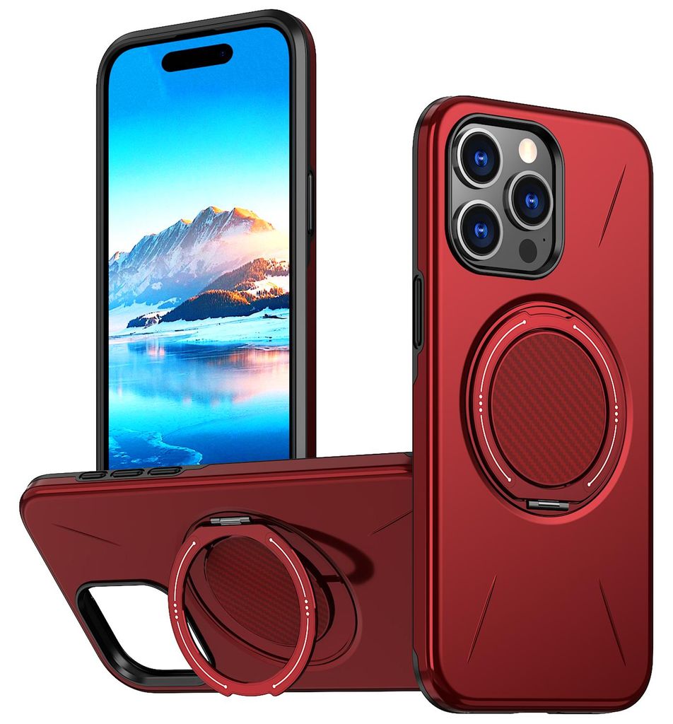 Magnetisch Hülle für iPhone 15 Pro Max, Stoßfeste Weich TPU und Hard PC Schutzhülle mit Ringhalter Ständer Rot