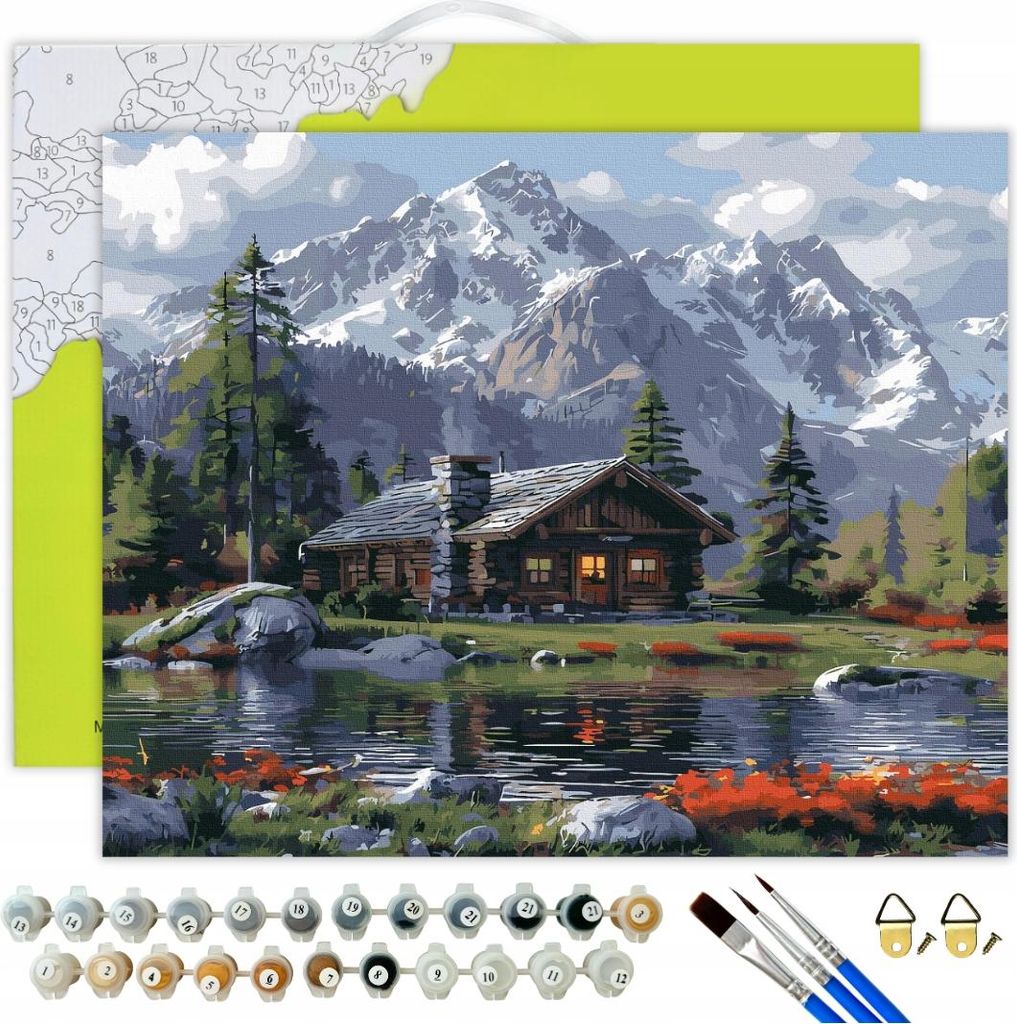 Malen nach Zahlen Erwachsene Landschaft Berghaus 50x40 - 33 Acrylfarben, Leinwand mit Holzrahmen, 3 Pinseln und Zubehör Oh Art!