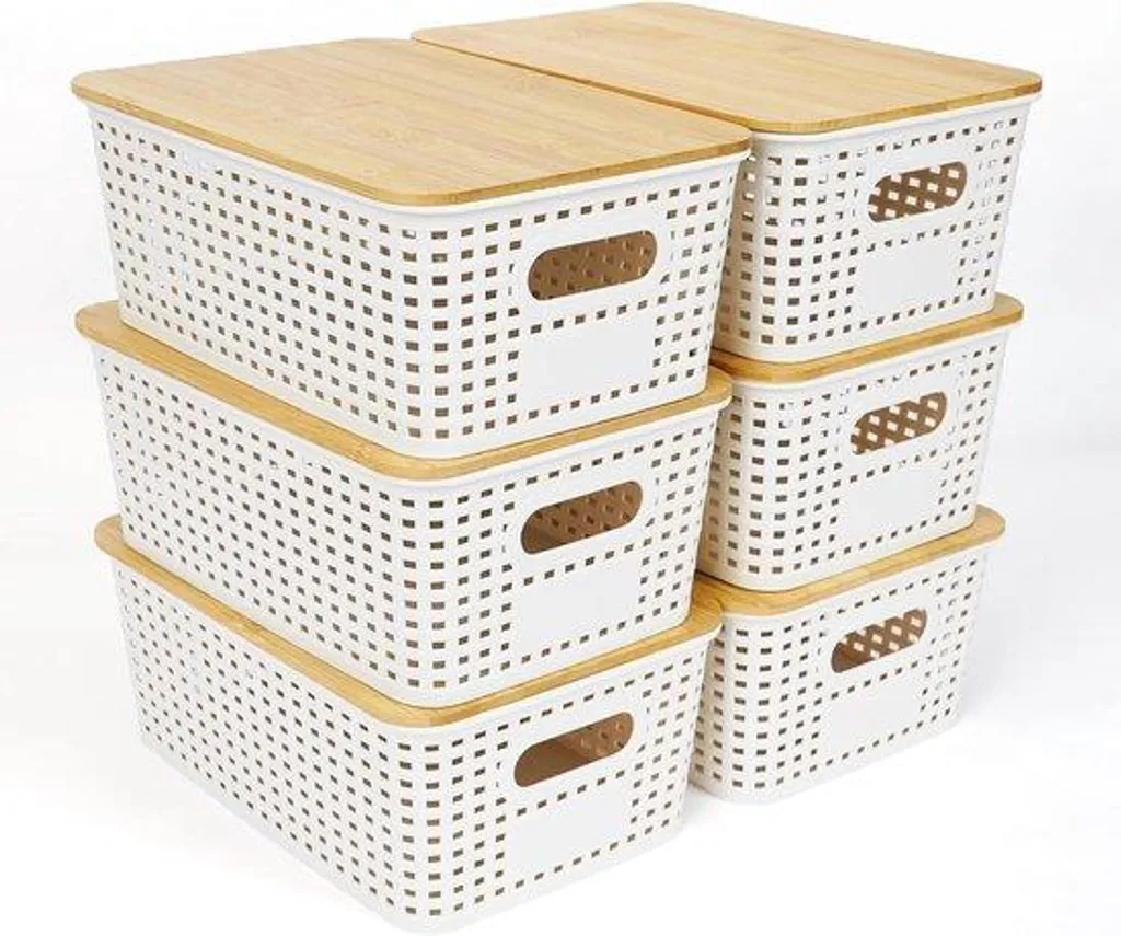 Lot de 6 Boîtes de Rangement avec Couvercle en Bambou Blanc Empilables